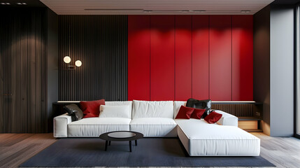 White corner sofa with red and black panelling wall behind it. Modern living room interior design in the Art Deco and minimalist styles