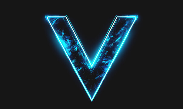 letter V in glowing blue light on black background, v for vendetta concept