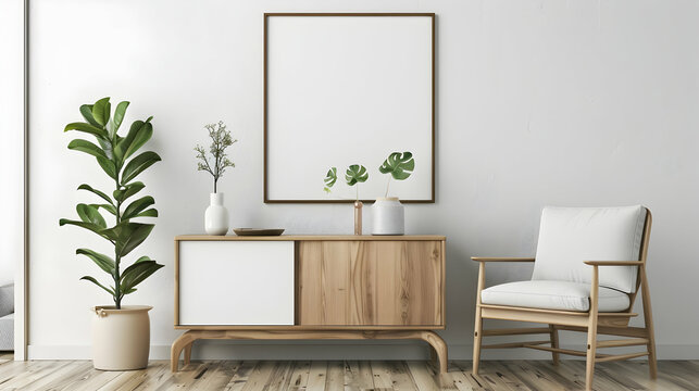 White armchair next to wooden cabinet against white wall featuring poster frame blank. Scandinavian interior design for a contemporary living room
