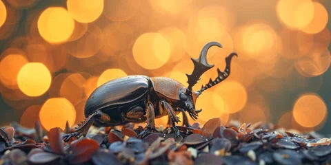 Fotobehang Siamese rhinoceros beetle, Fighting beetle , Rhinoceros beetle with bokeh background © YuDwi Studio