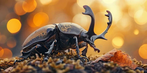 Rolgordijnen Siamese rhinoceros beetle, Fighting beetle , Rhinoceros beetle with bokeh background © YuDwi Studio