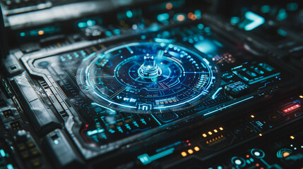 A computer chip with a blue circle in the middle