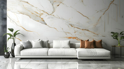 Modern minimalist living room, white sofa with golden marble wall pattern decoration, white leather...