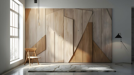 A wall of light wood paneling with abstract geometric shapes carved into it, simple and elegant