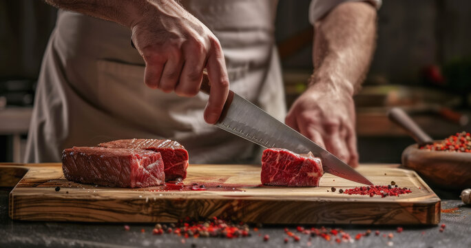 primer plano de un cocinero con delantal beige  y sus manos cortando carne cruda de ternera, sobre  una tabla de madera r&uacute;stica encima de una mesa oscura, con accesorios y condimentos de cocina