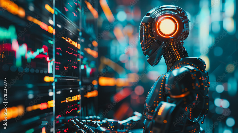 Poster a robot is sitting in front of a computer monitor with a keyboard and a mouse