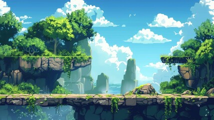 platformer video game level, 2d, flat, horizontal floor