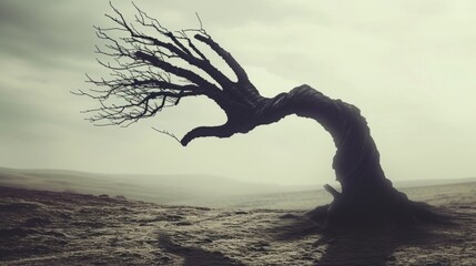 Solitary bare tree bent by the wind in a desolate landscape - obrazy, fototapety, plakaty