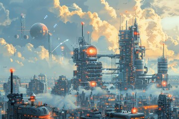 Dawn casts over futuristic city, giant structures, and intricate machinery, blending industry with dreamlike fantasy. Graphic illustration of futuristic solar panels integrated into urban landscapes