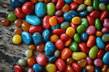 Fototapeta na wymiar Candy Stones Pile on Wood Texture Background