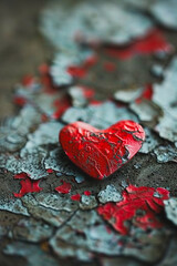 A heart is sitting on a wall with paint peeling off