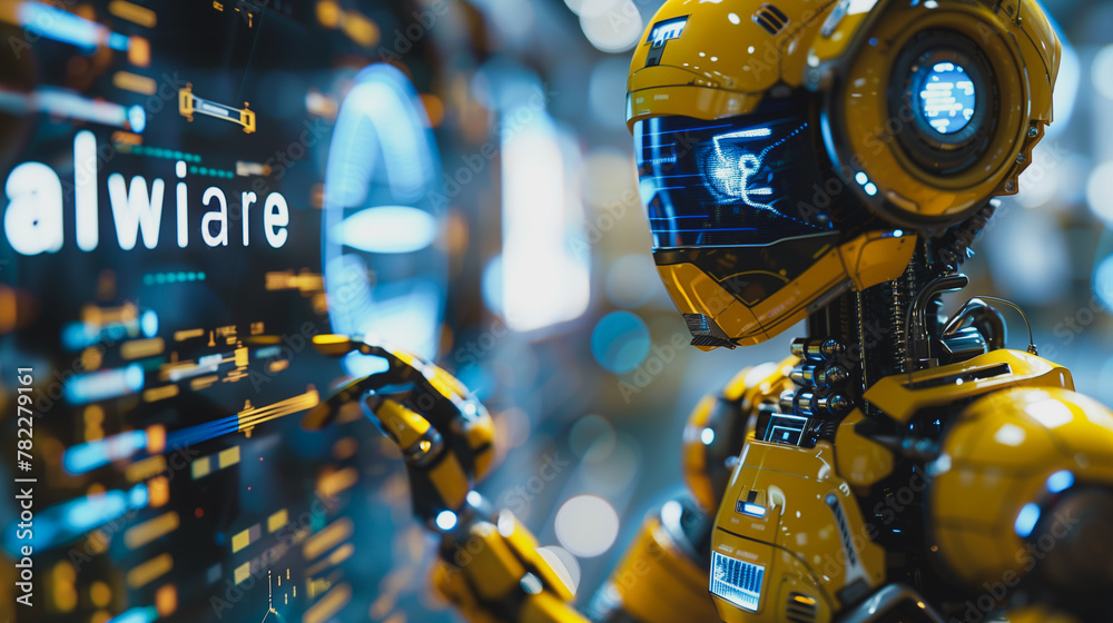 Poster a robot is pointing at a computer screen with the word 