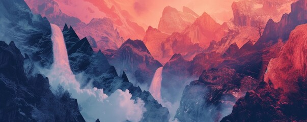 Surreal mountain landscape in vibrant dusk colors - obrazy, fototapety, plakaty