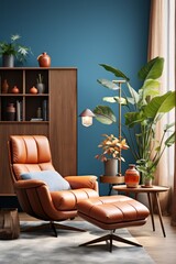 A stylish living room with blue walls and brown leather furniture