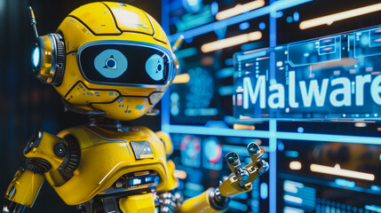 A robot is holding a sign that says Malware