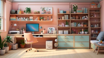 A cozy home office with a large desk, a comfortable chair, and plenty of storage space - obrazy, fototapety, plakaty