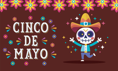 Dancing skeleton. Dia de los muertos. Dead day party, sugar skull. Cinco de mayo vector illustration for wishes, greeting, advert