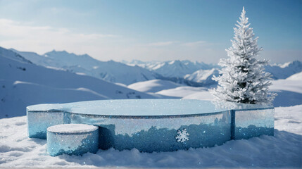 Fototapeta na wymiar Ice podium for winter product display with frozen mountain landscape in the background. Podium stage with snow
