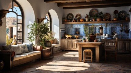 A beautiful Mediterranean style kitchen with a large window - obrazy, fototapety, plakaty