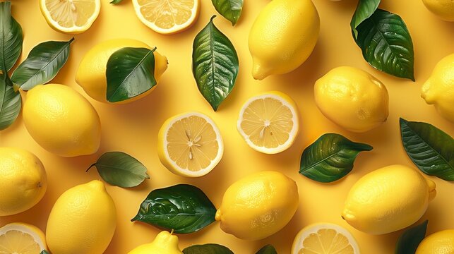 A banner with lemons on a yellow background top view. Horizontal photo with lemons and leaves.