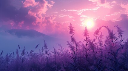 Fototapeta na wymiar Misty mountain sunrise with grass silhouette