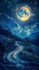 Winding road through a nocturnal landscape under a full moon