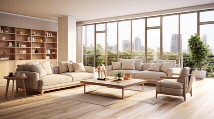 Fototapeta premium Airy and bright living room with large windows and a city view