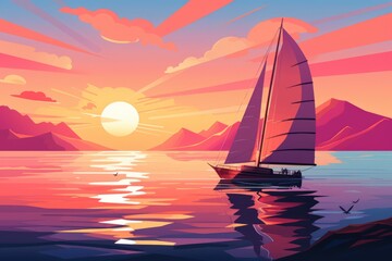 A sailboat on the calm sea at sunset - obrazy, fototapety, plakaty