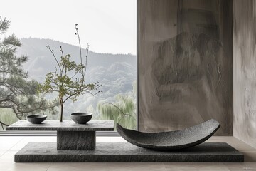 Artistic dark stone basin and table with a small tree by the window