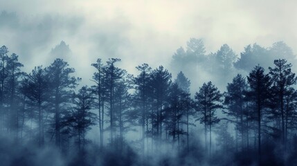 Misty forest at dawn with silhouette of pine trees - obrazy, fototapety, plakaty