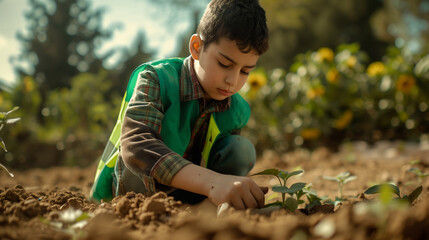 A young Syrian child planting the seeds of tomorrow in a hope for a greener future.