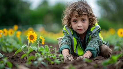 A young boy playing with flowers and soil.