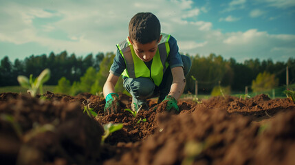 A young boy planting the seeds of tomorrow in a hope for a greener future.
