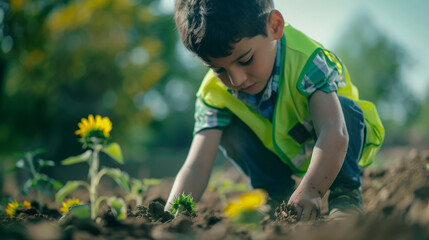Young Syrian boy planting flowers, a sense of hope for the future.
