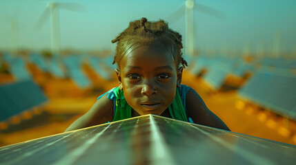 An African child admiring a solar panel.