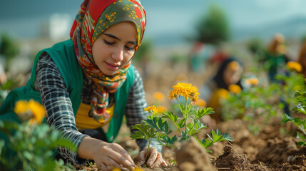 Young girl with hijab planting flower seeds, a hope for a greener future.