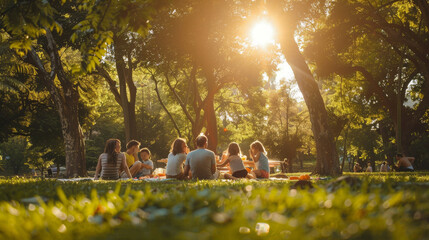 Family, friends, enjoying a picnic on a sunny summer day.  - obrazy, fototapety, plakaty