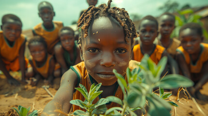 African children planting flowers, a sense of immediacy and hope for a greener future.