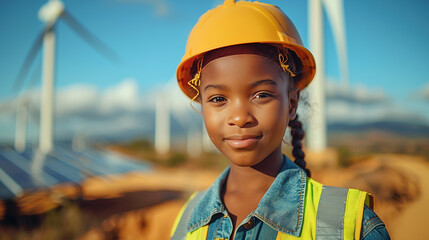 A young African girl in construction clothes wearing a helmet, building a better, sustainable future.
