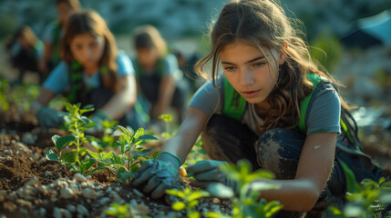 Young girls planting flower seeds, a sense of immediacy and hope for a greener, more sustainable future.