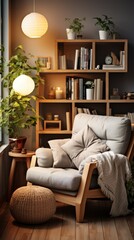 A cozy reading nook with a comfortable chair, ottoman, and bookshelf