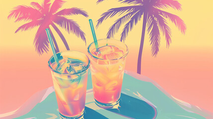 80s Retro Summer Drinks Background - obrazy, fototapety, plakaty