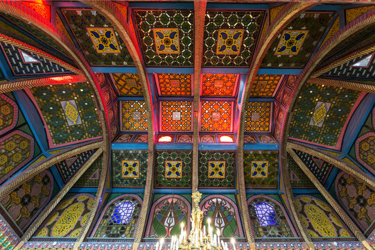 Summer country residence of the Emir of Bukhara-the Palace of Sitorai Mokhi-Khosa, the interior of the Banquet hall, ceiling. Bukhara, Uzbekistan