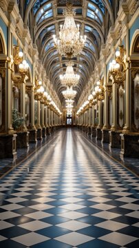 Symmetrical perspective of an empty brightly lit hallway with chandeliers