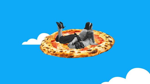 Stop motion. Animation. Woman and little girl lying on delicious pizza isolated over blue background. Retro style. Yummy Italian traditional food. Concept of gastronomy, creativity, artwork and ad