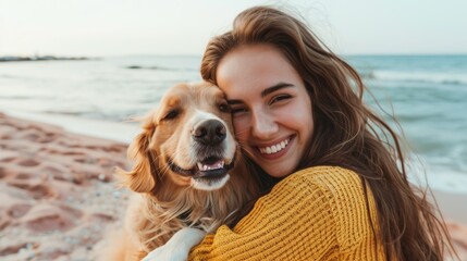 smiling young woman hugging her dog on the beach