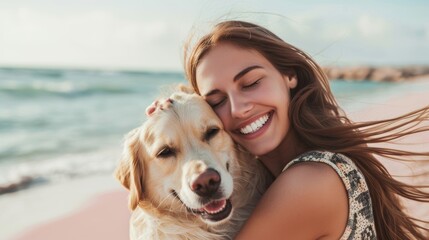 smiling young woman hugging her dog on the pink beach