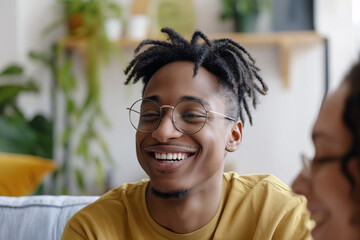 Fototapeta premium Smiling Young Man with Trendy Hairstyle and Glasses Enjoying Conversation