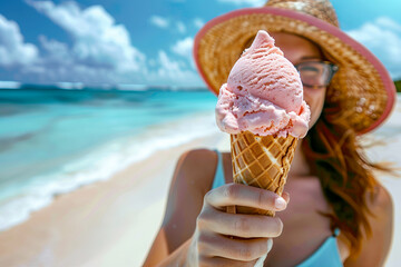 Young Woman holds a Strawberry Ice Cream Cone at the Beach on a Sunny Day