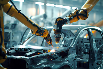 Advanced Robotic Arms Assembling Car working in Modern Automotive Factory